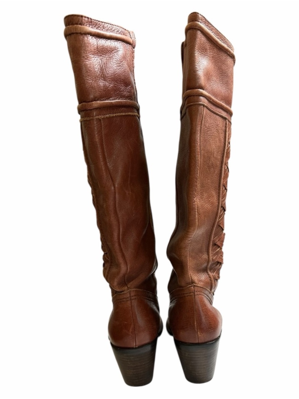 Vtg Fossil Brown Leather Knee High Boots Woven Western Boho Block Heel Size 8 - Picture 10 of 11